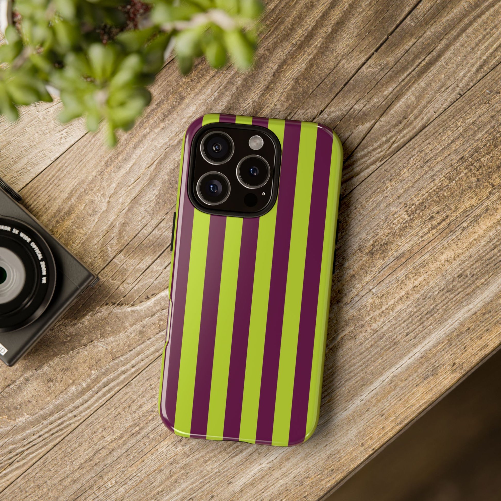 Phone Case - Trendy Neon Lime Green & Plum Stripe Pattern Phone Case