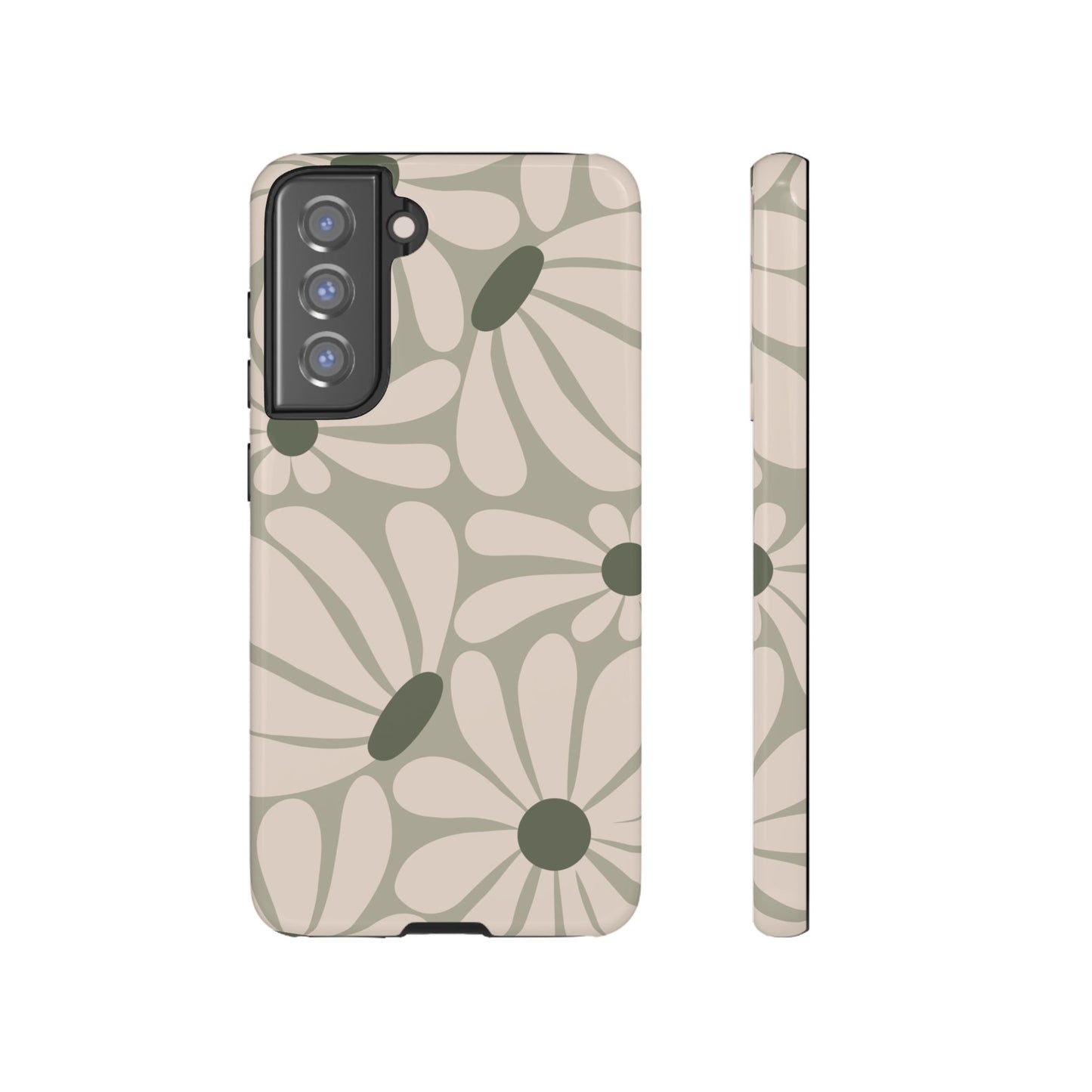 Samsung Galaxy S21 FE / Glossy Phone Case - ’Retro Cream & Green Daisy Pattern’ Phone Case