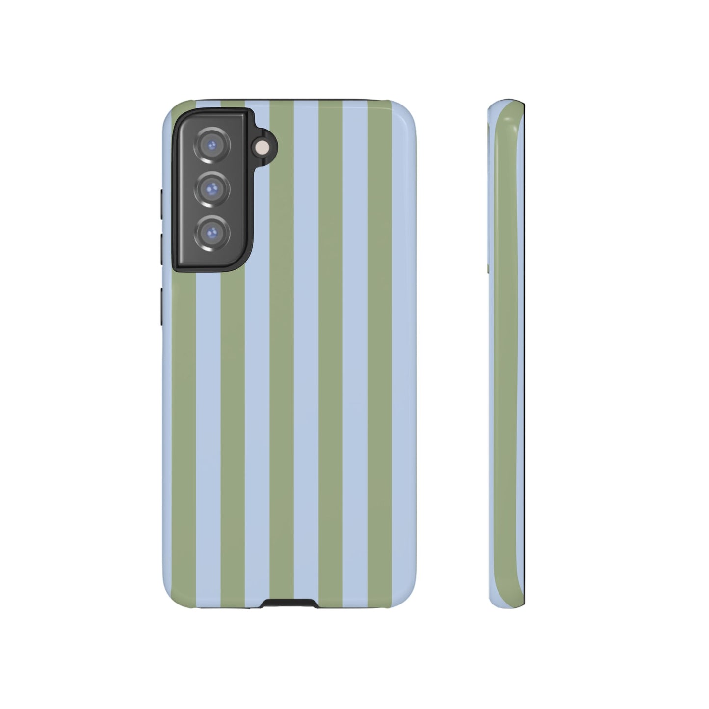 Samsung Galaxy S21 FE / Glossy Phone Case - Trendy Ice Blue & Green Stripe Pattern Phone Case