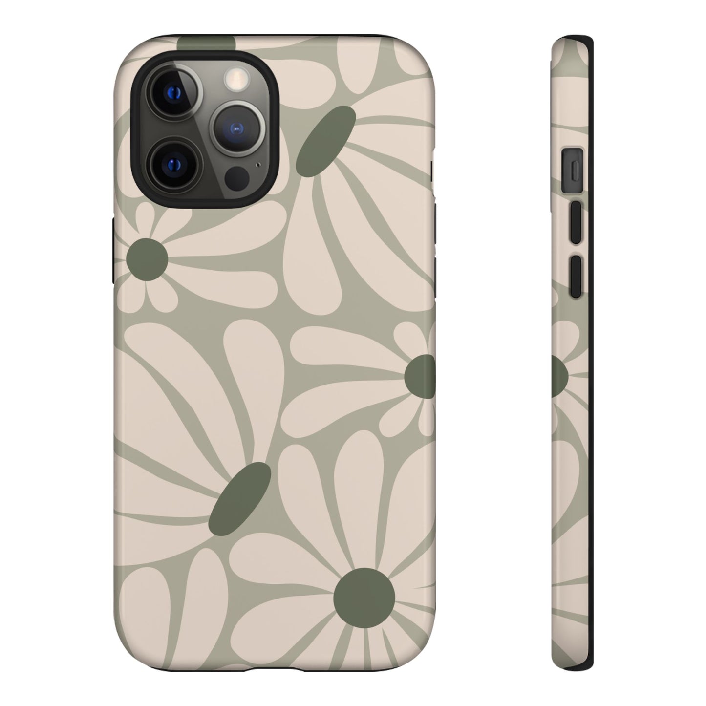 iPhone 12 Pro Max / Glossy Phone Case - ’Retro Cream & Green Daisy Pattern’ Phone Case