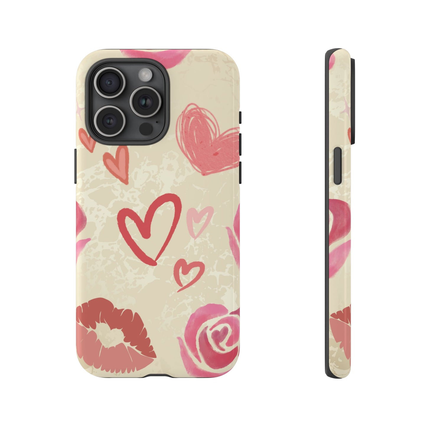 iPhone 15 Pro Max / Glossy Phone Case - ’Pink Heart & Rose Pattern’ Phone Case