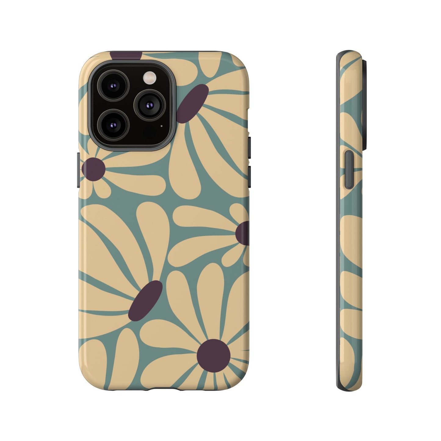 iPhone 14 Pro Max / Glossy Phone Case - ’Retro Cream & Blue Daisy Pattern’ Phone Case