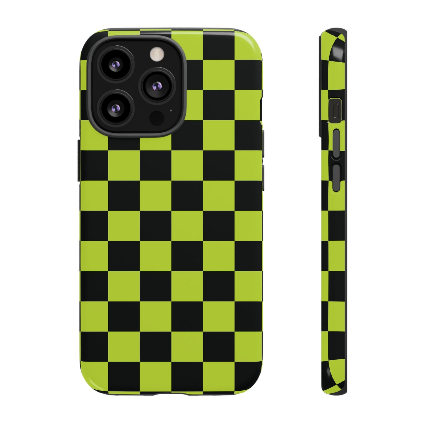 iPhone 13 Pro / Glossy Phone Case - Trendy Neon Lime Green & Black Checked Pattern Phone Case