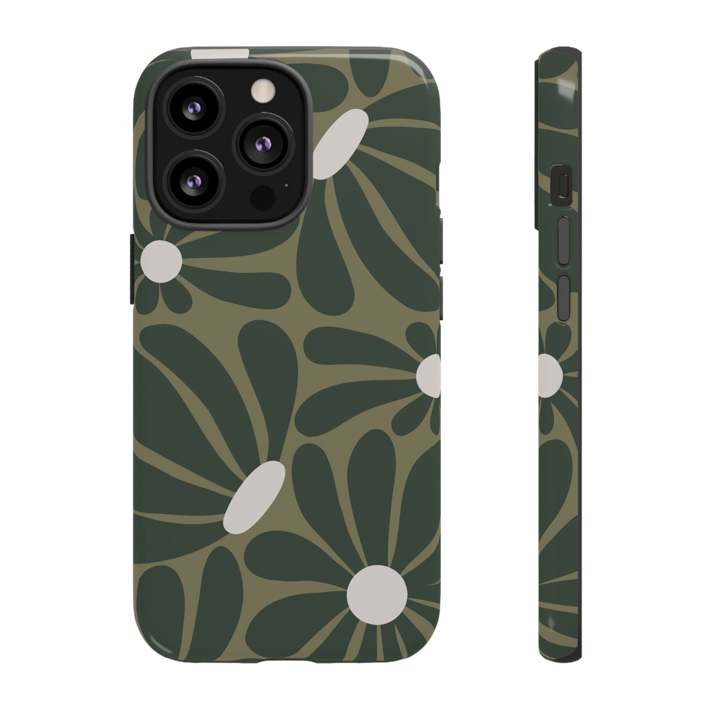 iPhone 13 Pro / Glossy Phone Case - ’Retro Olive Green Daisy Pattern’ Phone Case