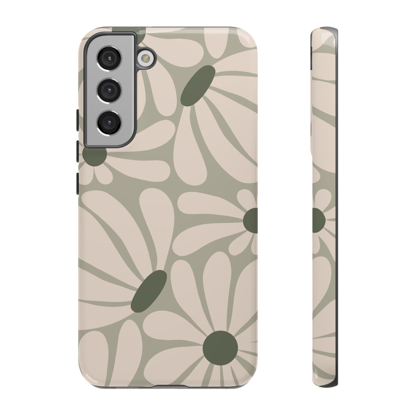 Samsung Galaxy S22 Plus / Glossy Phone Case - ’Retro Cream & Green Daisy Pattern’ Phone Case