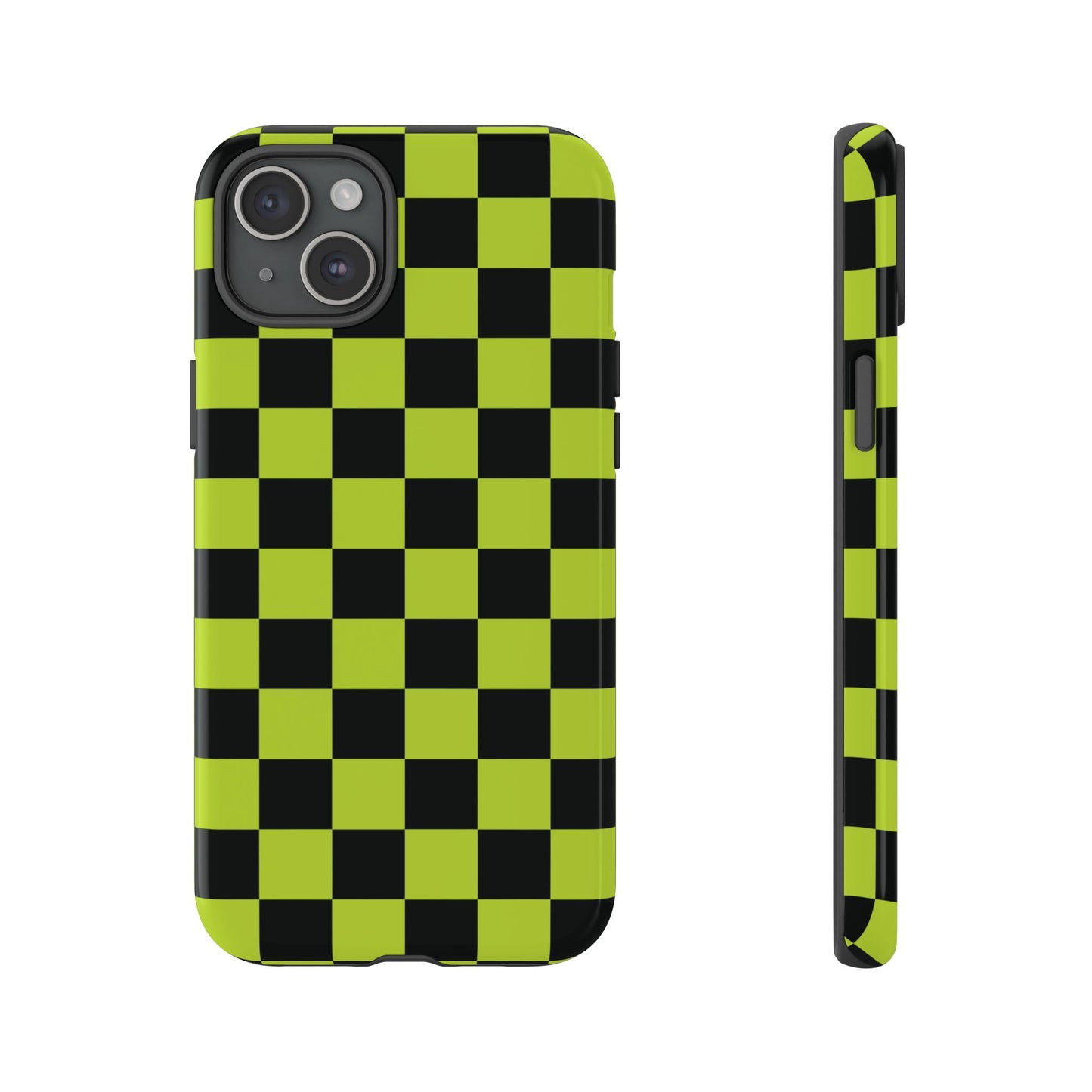 iPhone 15 Plus / Glossy Phone Case - Trendy Neon Lime Green & Black Checked Pattern Phone Case