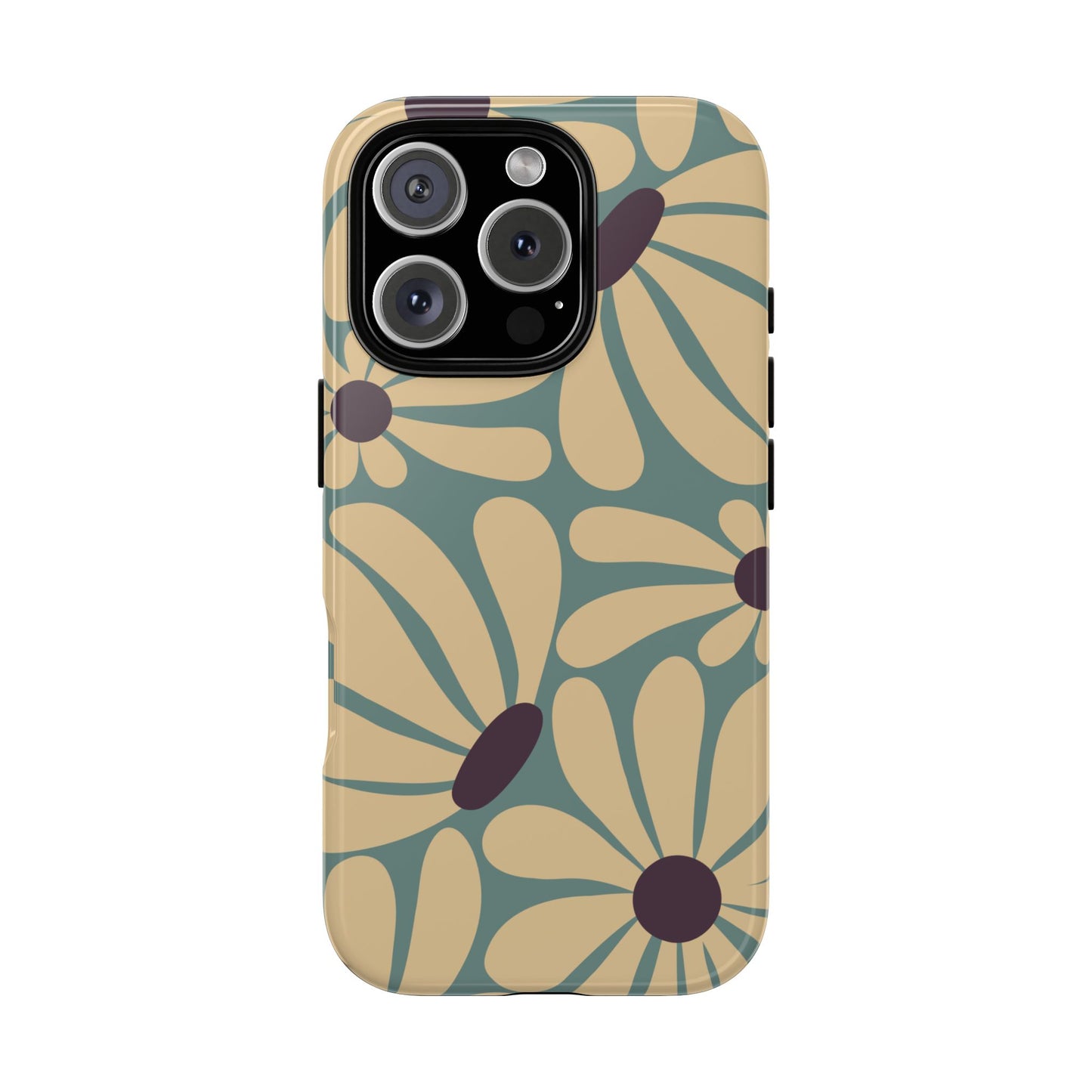 iPhone 16 Pro / Glossy Phone Case - ’Retro Cream & Blue Daisy Pattern’ Phone Case