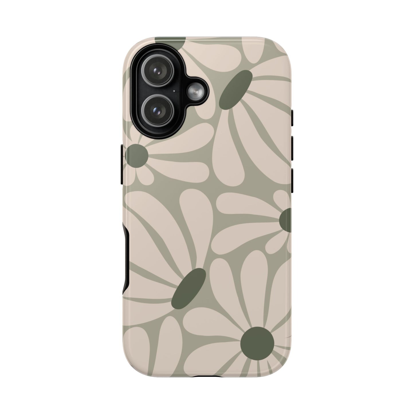 iPhone 17 / Glossy Phone Case - ’Retro Cream & Green Daisy Pattern’ Phone Case