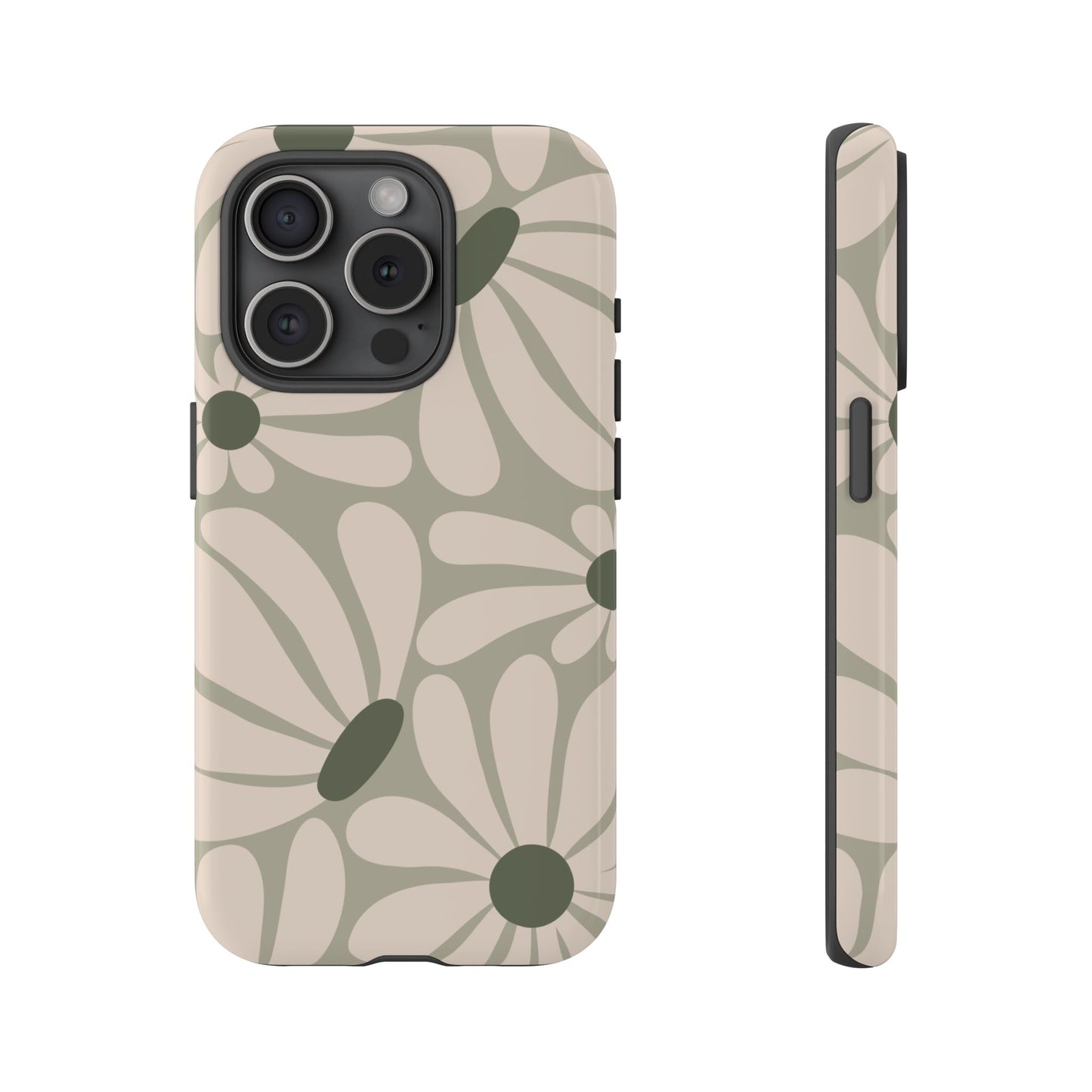 iPhone 15 Pro / Glossy Phone Case - ’Retro Cream & Green Daisy Pattern’ Phone Case