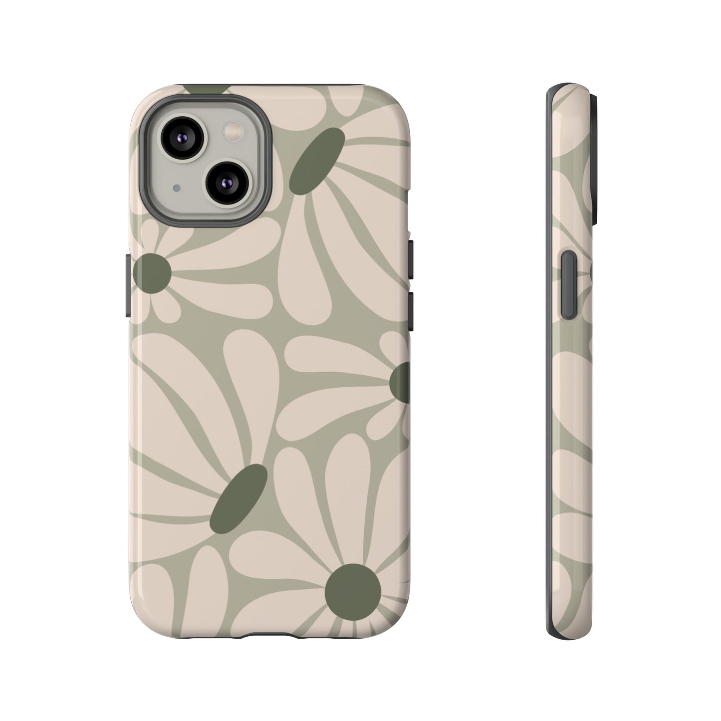 iPhone 14 / Glossy Phone Case - ’Retro Cream & Green Daisy Pattern’ Phone Case