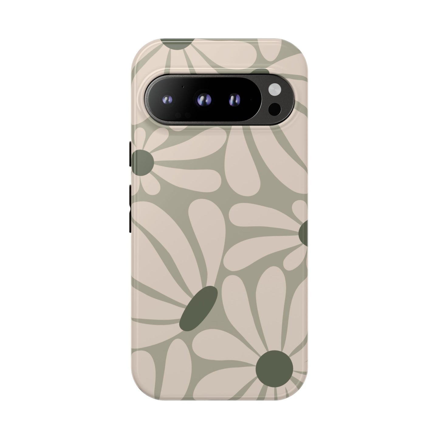 Google Pixel 9 Pro / Glossy Phone Case - ’Retro Cream & Green Daisy Pattern’ Phone Case