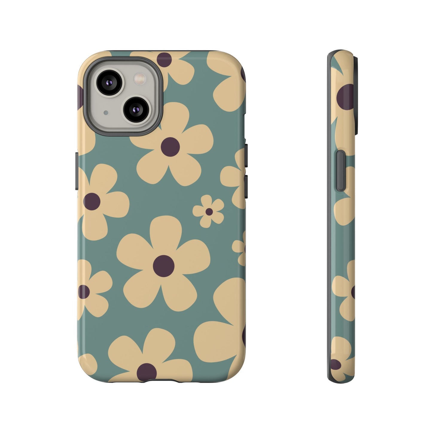 iPhone 14 / Glossy Phone Case - Cute Blue & Cream Daisy Pattern Phone Case
