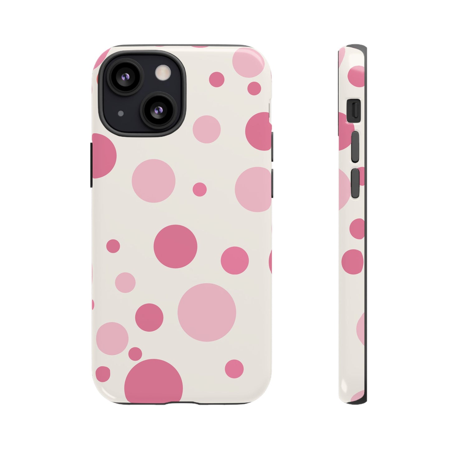 iPhone 13 Mini / Glossy Phone Case - ’Bold White with Pink Dot Pattern’ Phone Case