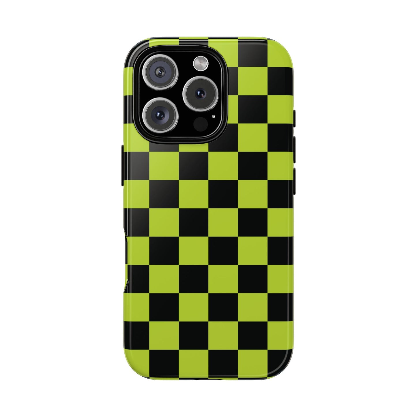 iPhone 16 Pro / Glossy Phone Case - Trendy Neon Lime Green & Black Checked Pattern Phone Case