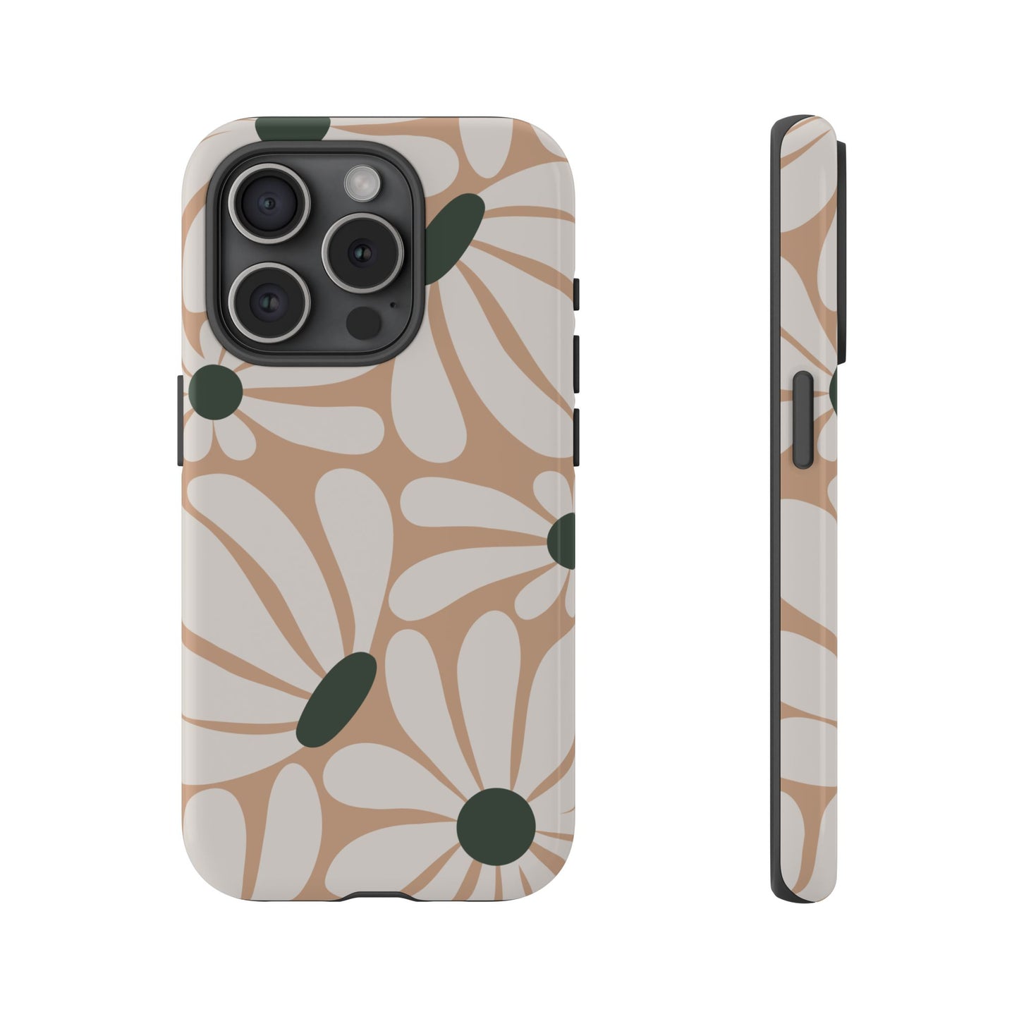 iPhone 15 Pro / Glossy Phone Case - ’Retro Beige & White Daisy Pattern’ Phone Case