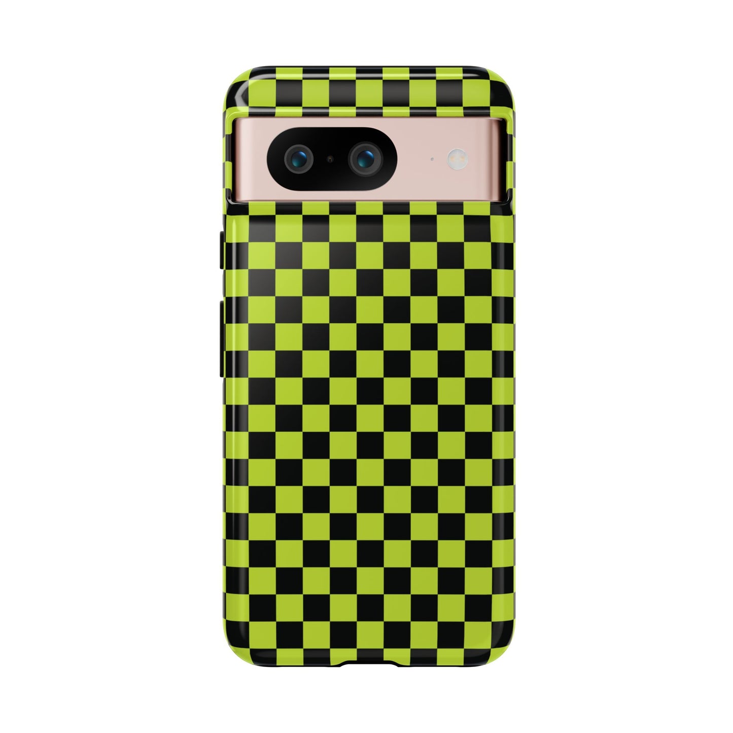 Google Pixel 8 / Glossy Phone Case - Trendy Neon Lime Green & Plum Small Checked Pattern Phone Case