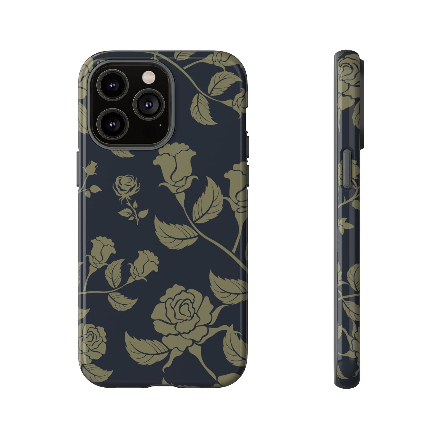 iPhone 14 Pro Max / Glossy Phone Case - ’Blue & Olive Rose Pattern’ Phone Case