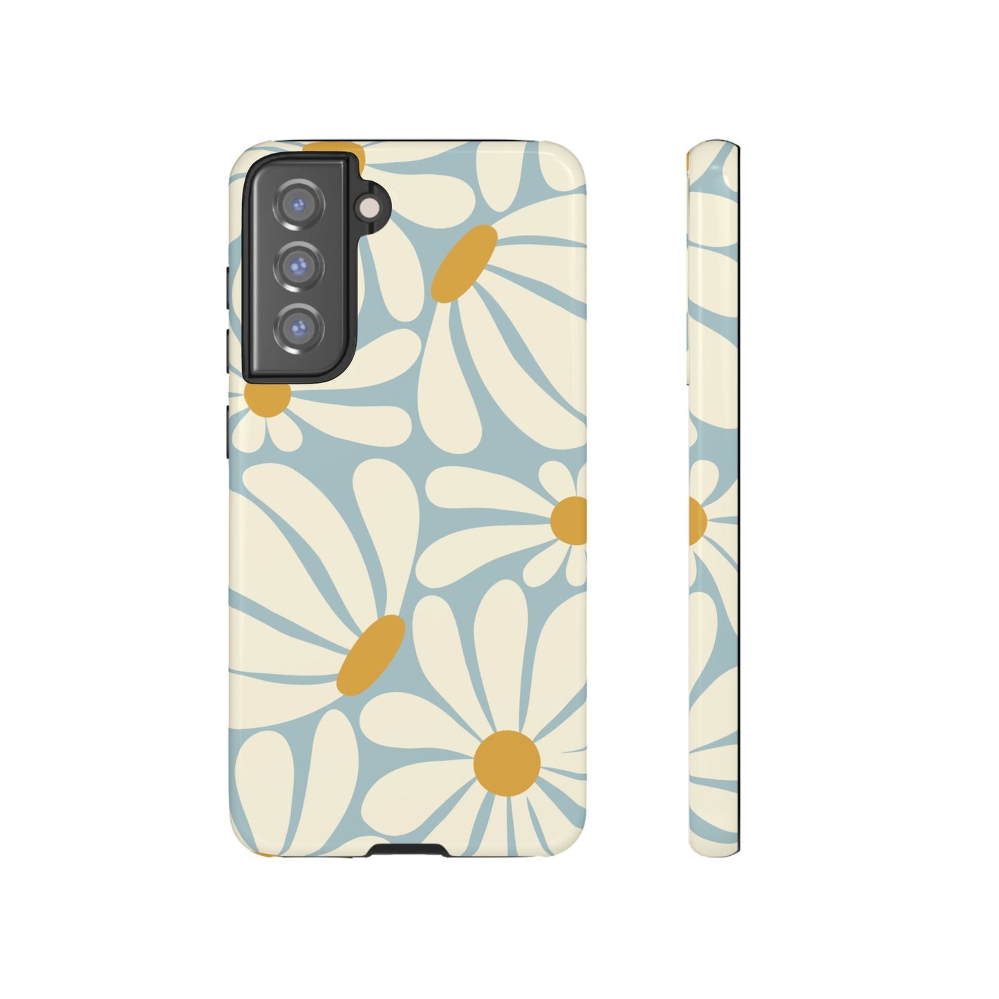 Samsung Galaxy S21 FE / Glossy Phone Case - ’Retro Blue Daisy Pattern’ Phone Case