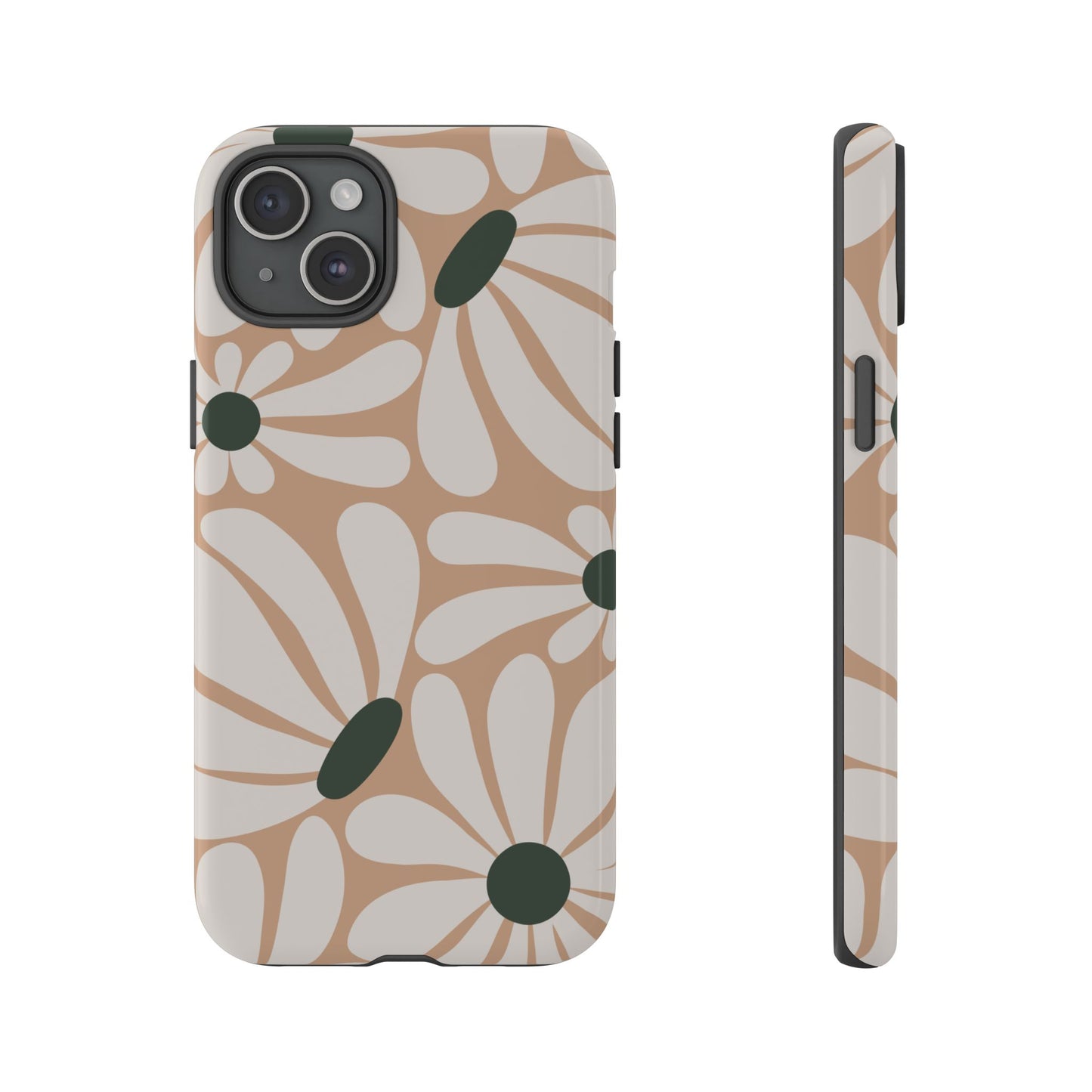 iPhone 15 Plus / Glossy Phone Case - ’Retro Beige & White Daisy Pattern’ Phone Case