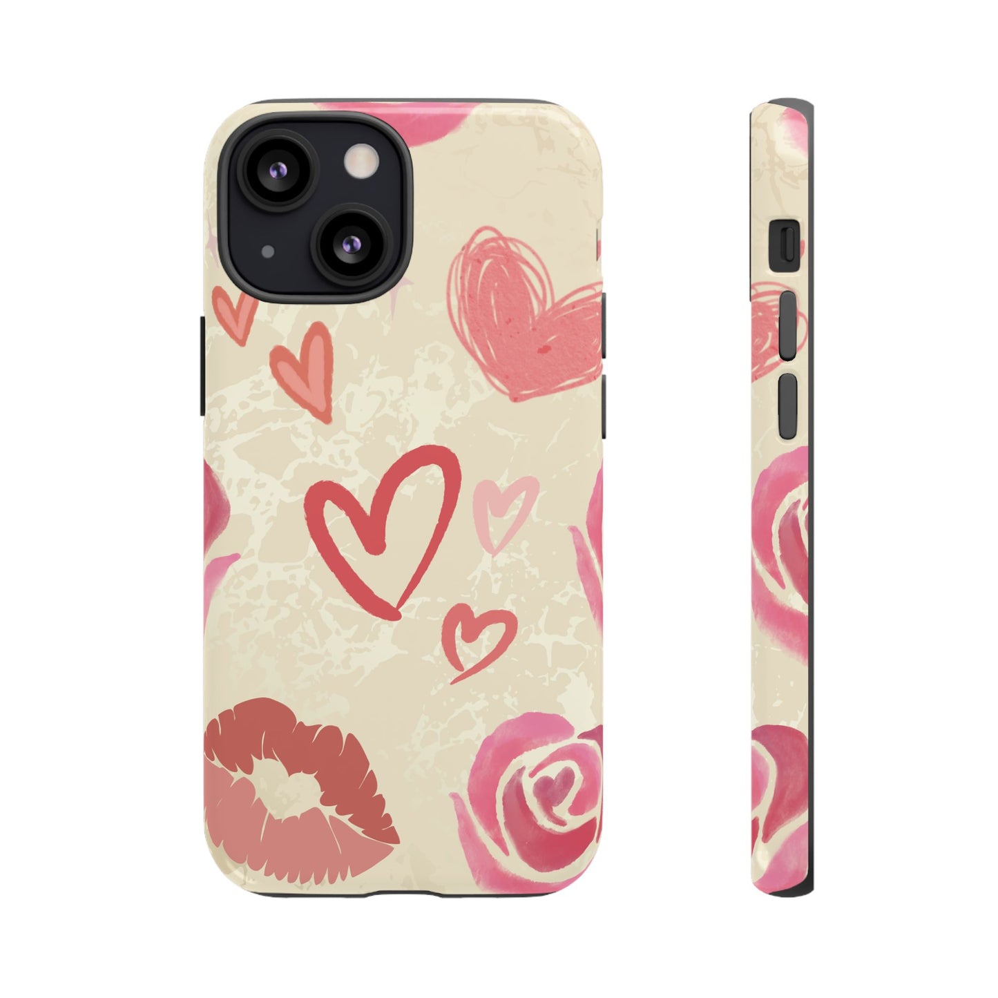 iPhone 13 Mini / Glossy Phone Case - ’Pink Heart & Rose Pattern’ Phone Case