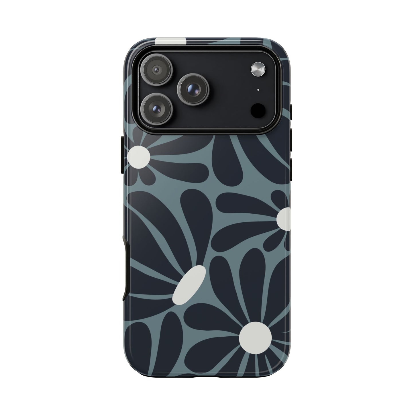 iPhone 17 Pro Max / Glossy Phone Case - ’Retro Navy Blue & White Daisy Pattern’ Phone Case