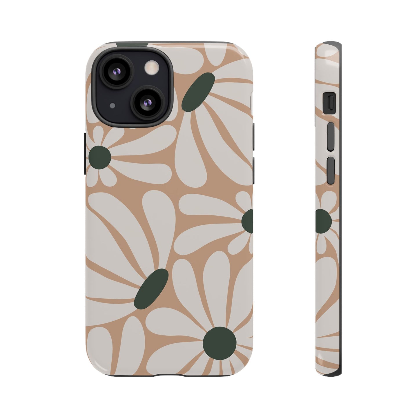 iPhone 13 Mini / Glossy Phone Case - ’Retro Beige & White Daisy Pattern’ Phone Case