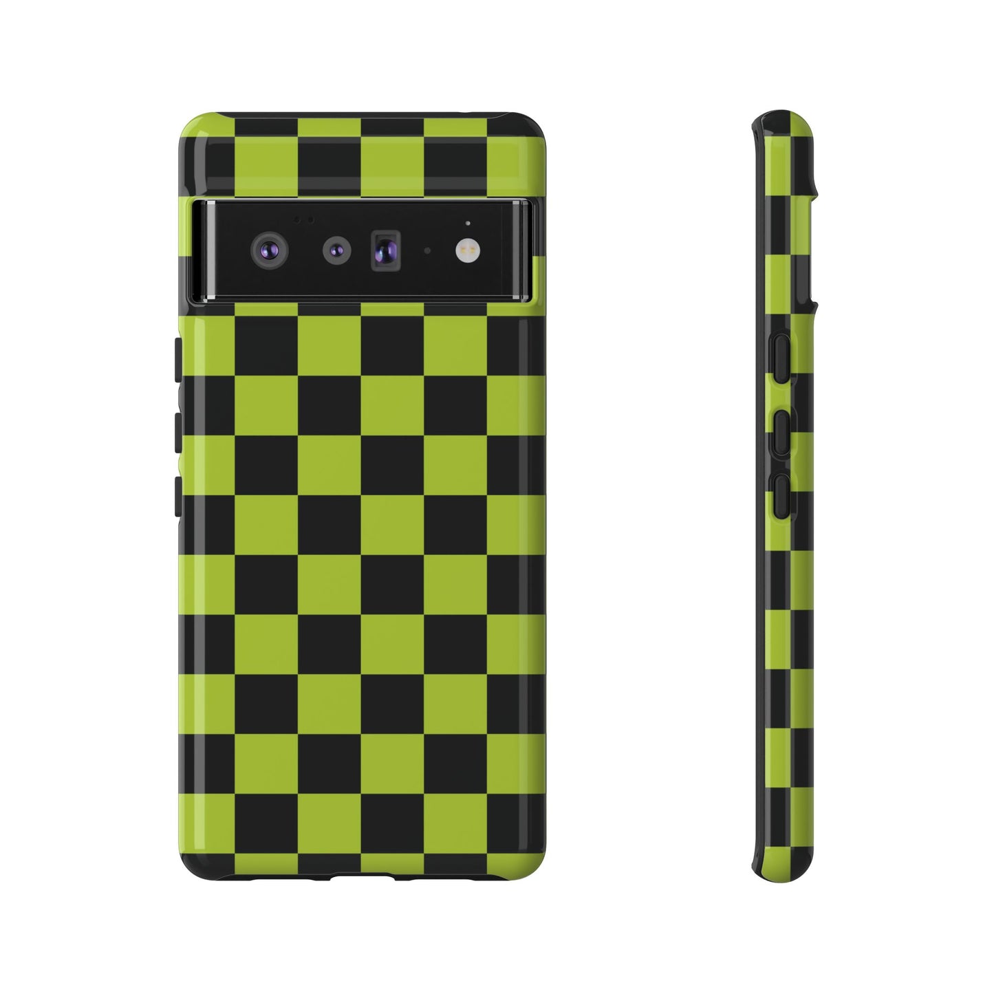 Google Pixel 6 Pro / Glossy Phone Case - Trendy Neon Lime Green & Black Checked Pattern Phone Case