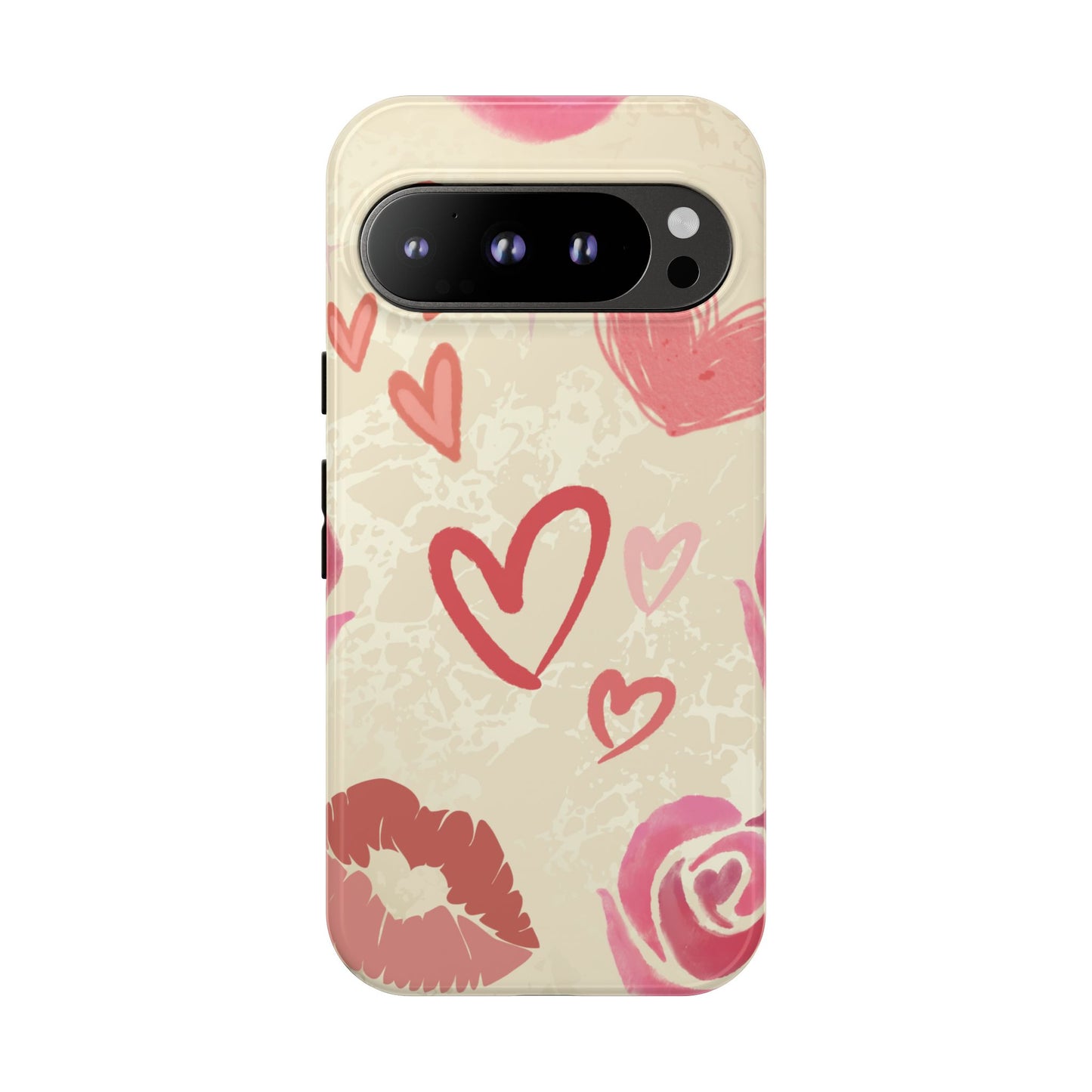 Google Pixel 9 Pro / Glossy Phone Case - ’Pink Heart & Rose Pattern’ Phone Case