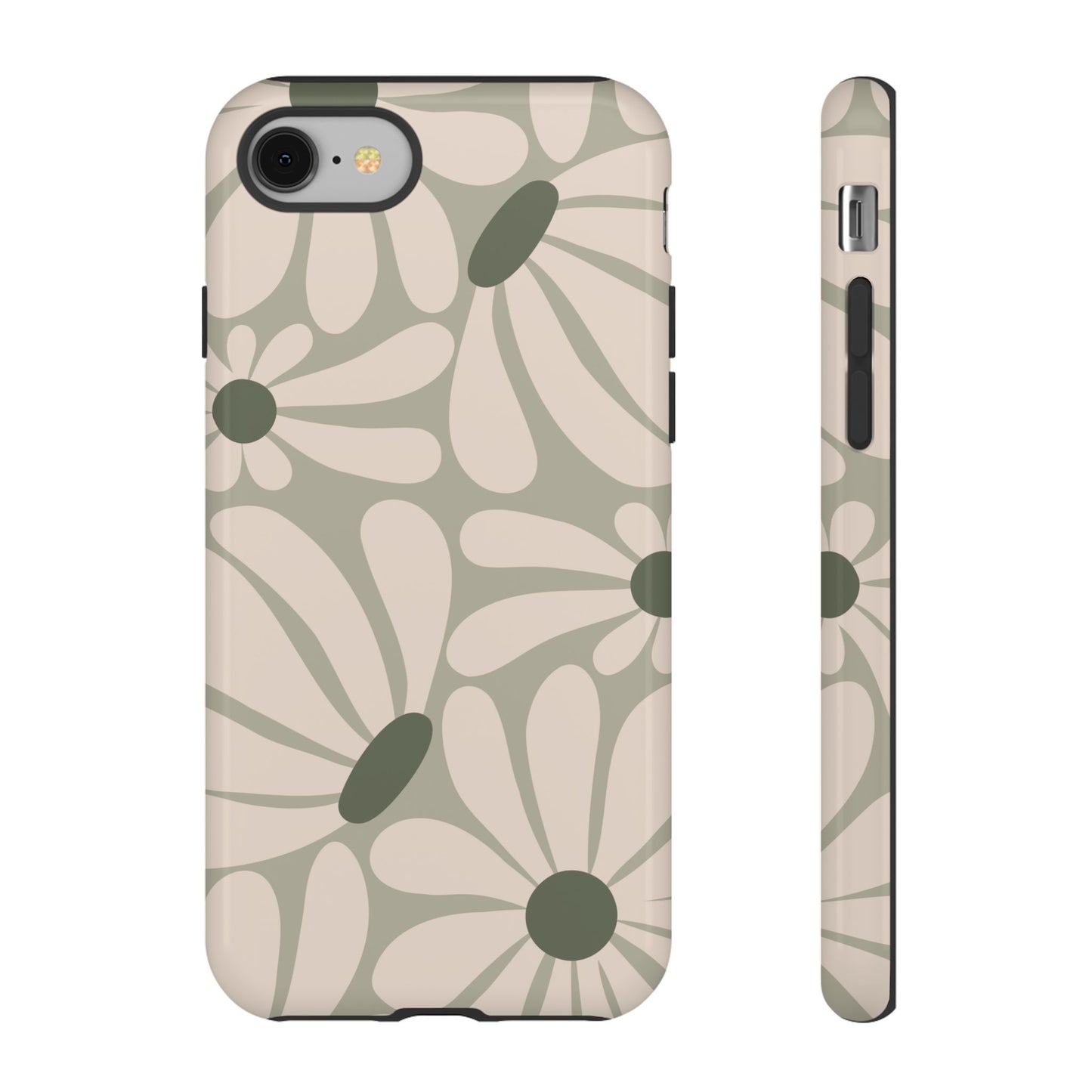iPhone 8 / Glossy Phone Case - ’Retro Cream & Green Daisy Pattern’ Phone Case