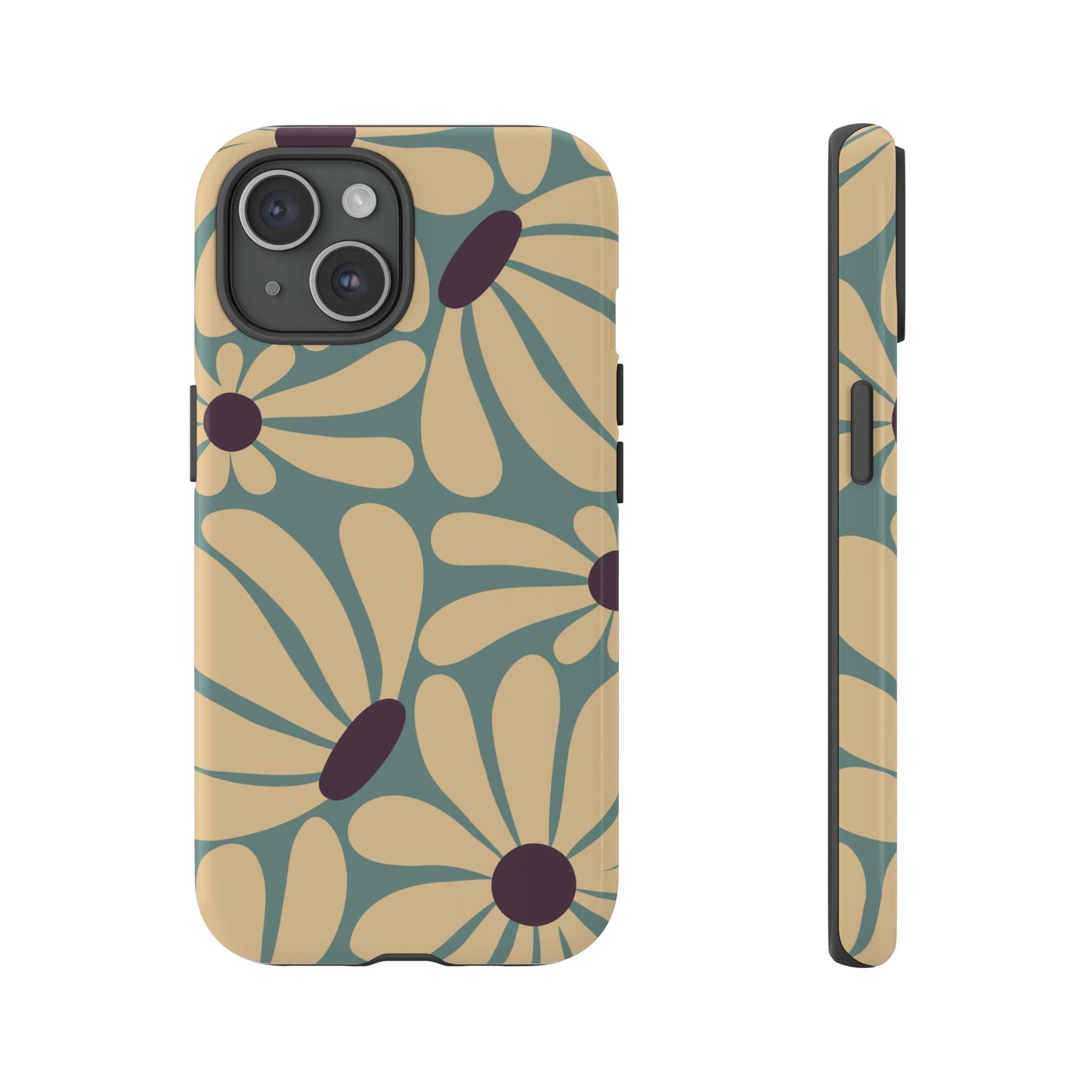 iPhone 15 / Glossy Phone Case - ’Retro Cream & Blue Daisy Pattern’ Phone Case