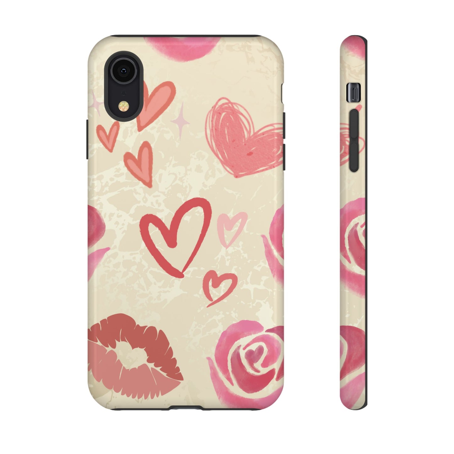 iPhone XR / Glossy Phone Case - ’Pink Heart & Rose Pattern’ Phone Case