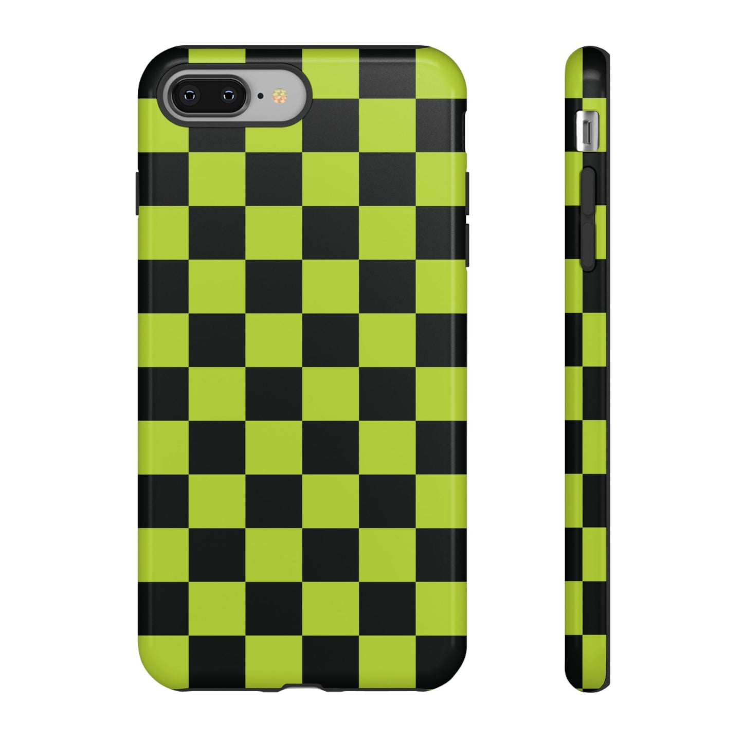 iPhone 8 Plus / Glossy Phone Case - Trendy Neon Lime Green & Black Checked Pattern Phone Case
