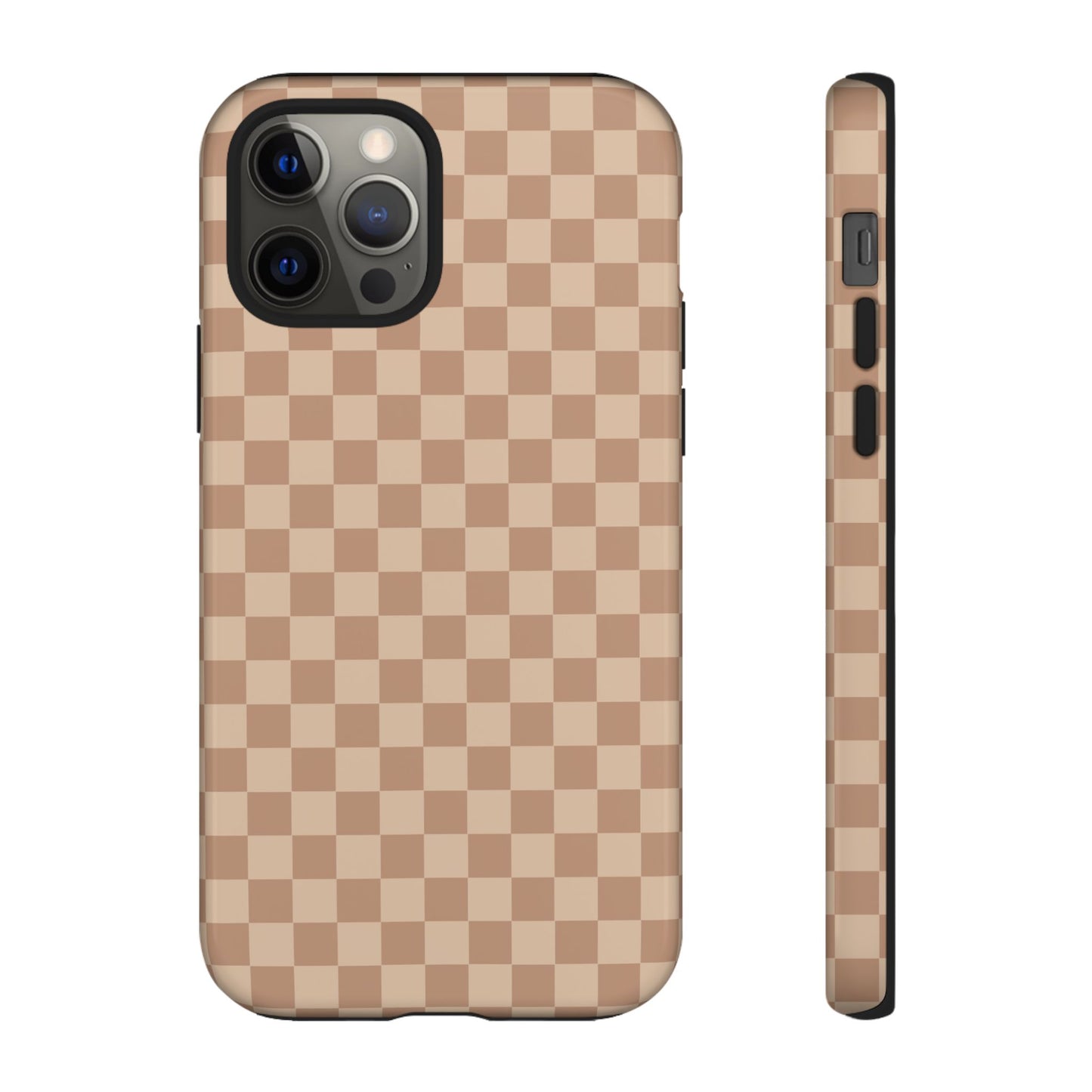 iPhone 12 Pro / Glossy Phone Case - ’Bold Tan Checkered Pattern’ Phone Case
