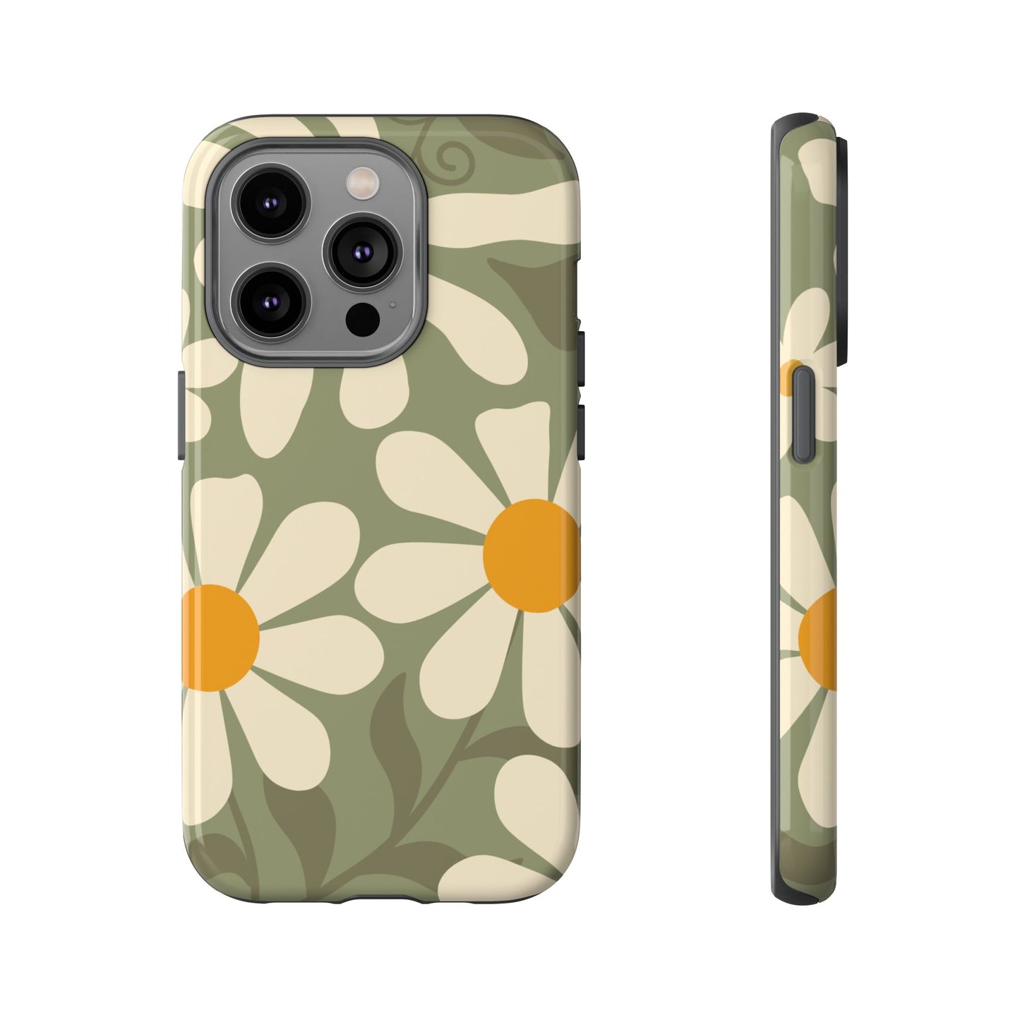 iPhone 14 Pro / Glossy Phone Case - ’Retro Green Daisy Pattern #2’ Phone Case