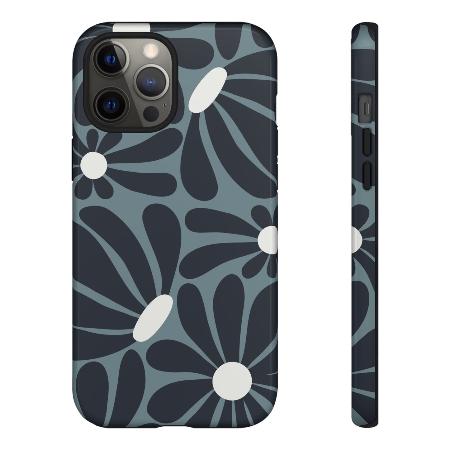 iPhone 12 Pro Max / Glossy Phone Case - ’Retro Navy Blue & White Daisy Pattern’ Phone Case