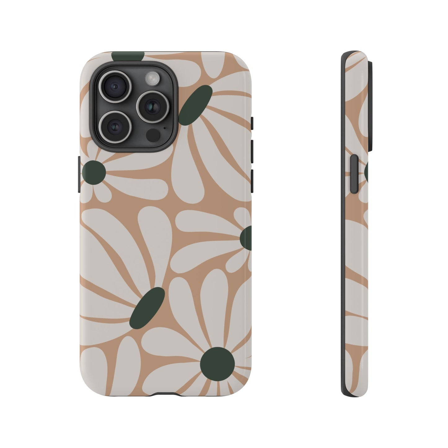 iPhone 15 Pro Max / Glossy Phone Case - ’Retro Beige & White Daisy Pattern’ Phone Case