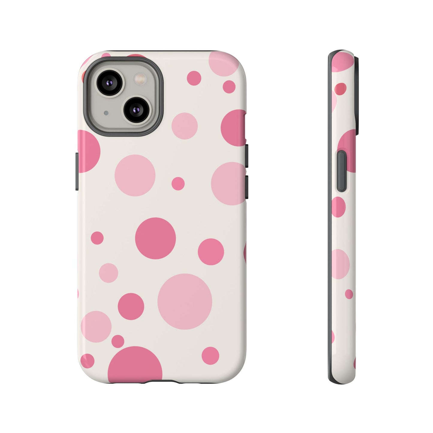 iPhone 14 / Glossy Phone Case - ’Bold White with Pink Dot Pattern’ Phone Case