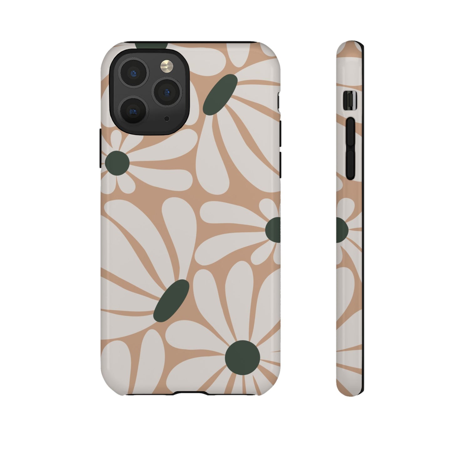 iPhone 11 Pro / Glossy Phone Case - ’Retro Beige & White Daisy Pattern’ Phone Case