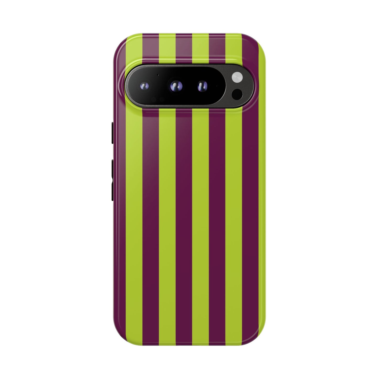Google Pixel 9 Pro / Glossy Phone Case - Trendy Neon Lime Green & Plum Stripe Pattern Phone Case
