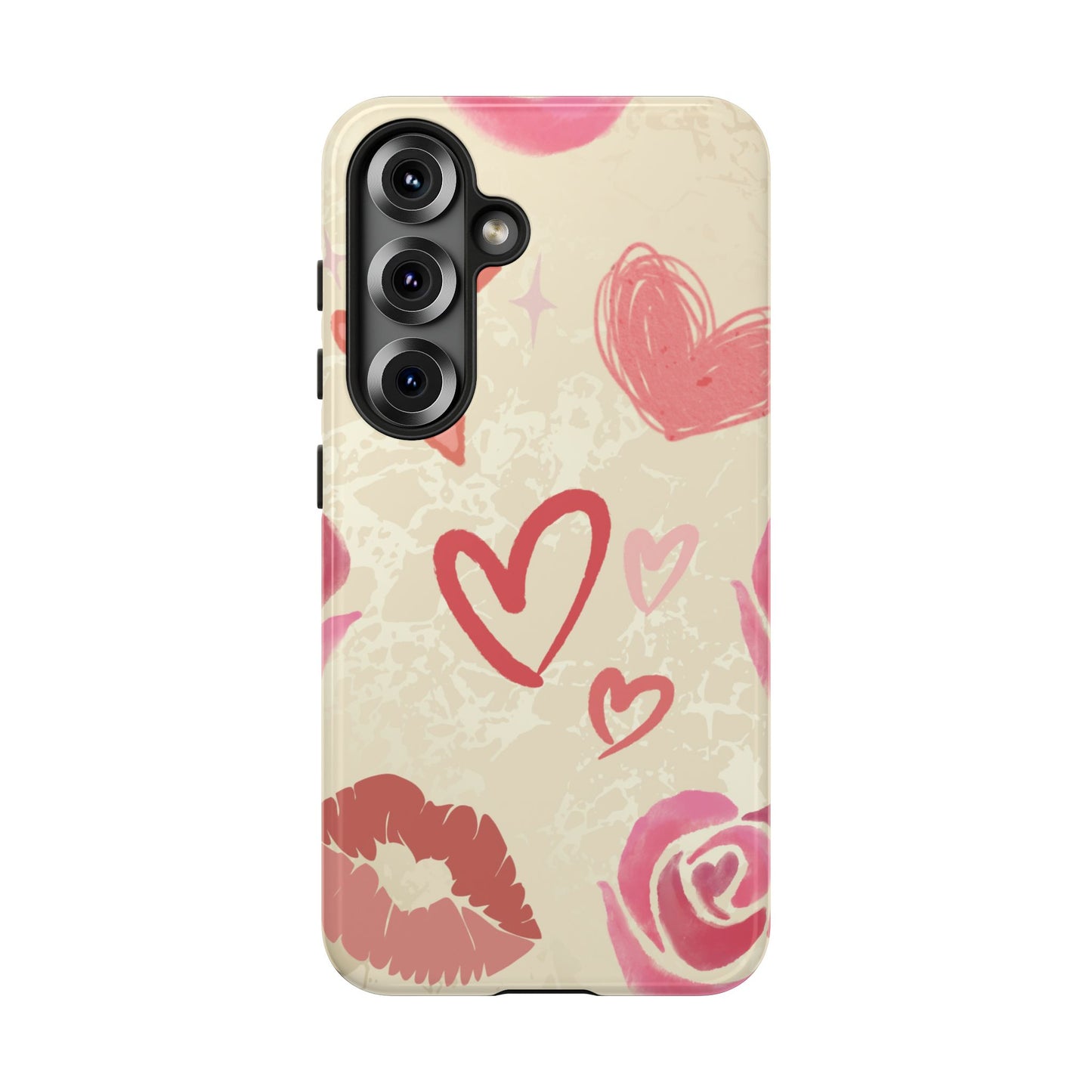 Samsung Galaxy S25 / Glossy Phone Case - ’Pink Heart & Rose Pattern’ Phone Case