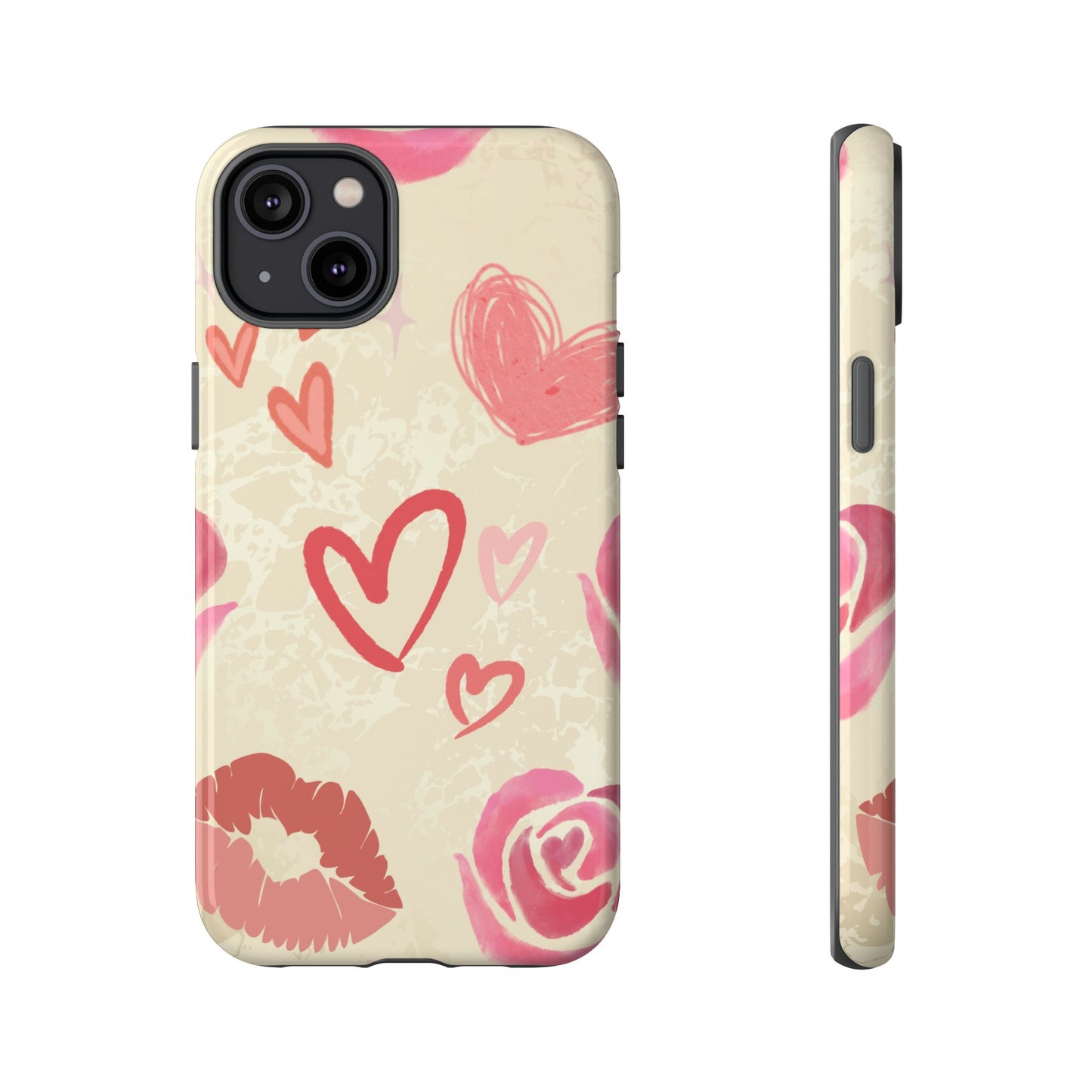 iPhone 14 Plus / Glossy Phone Case - ’Pink Heart & Rose Pattern’ Phone Case