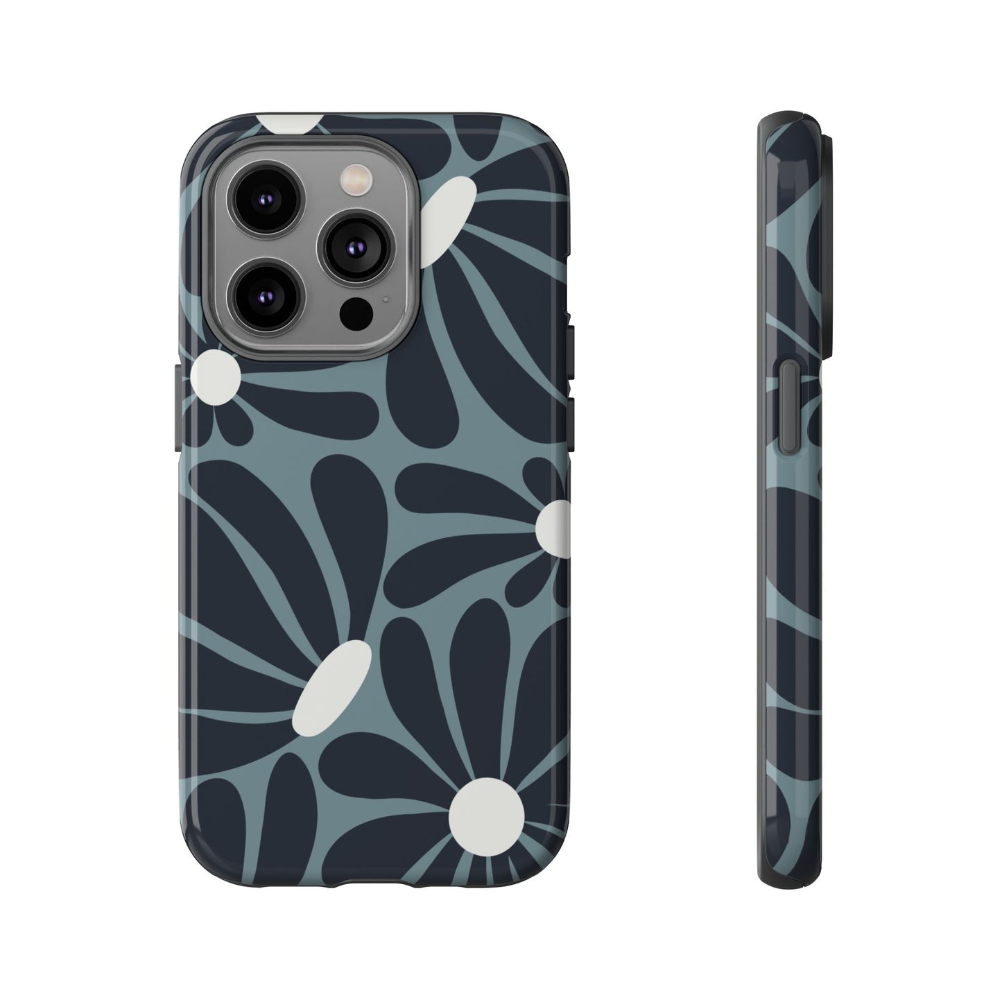 iPhone 14 Pro / Glossy Phone Case - ’Retro Navy Blue & White Daisy Pattern’ Phone Case