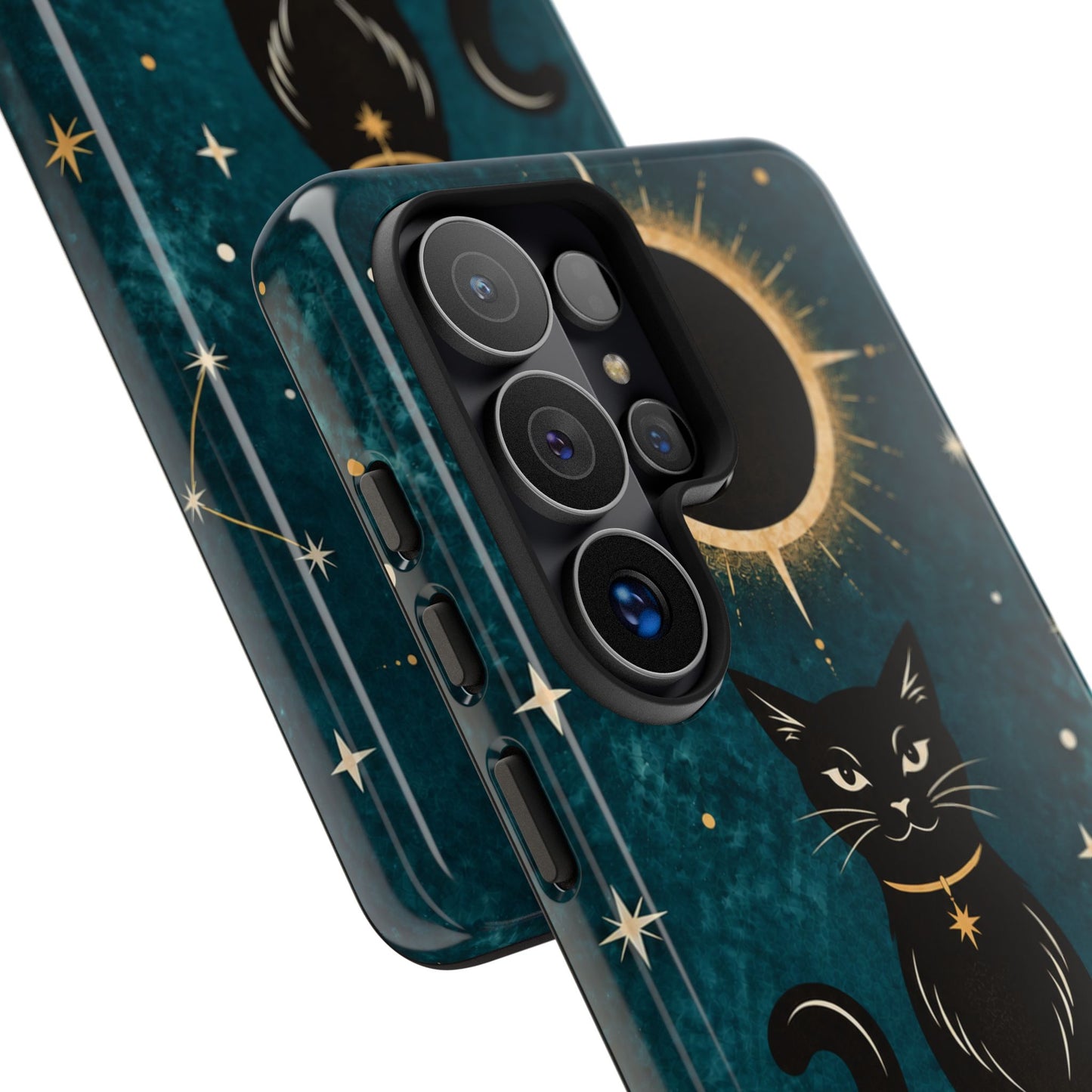 Whimsical Teal Celestial Black Cat Phone Case