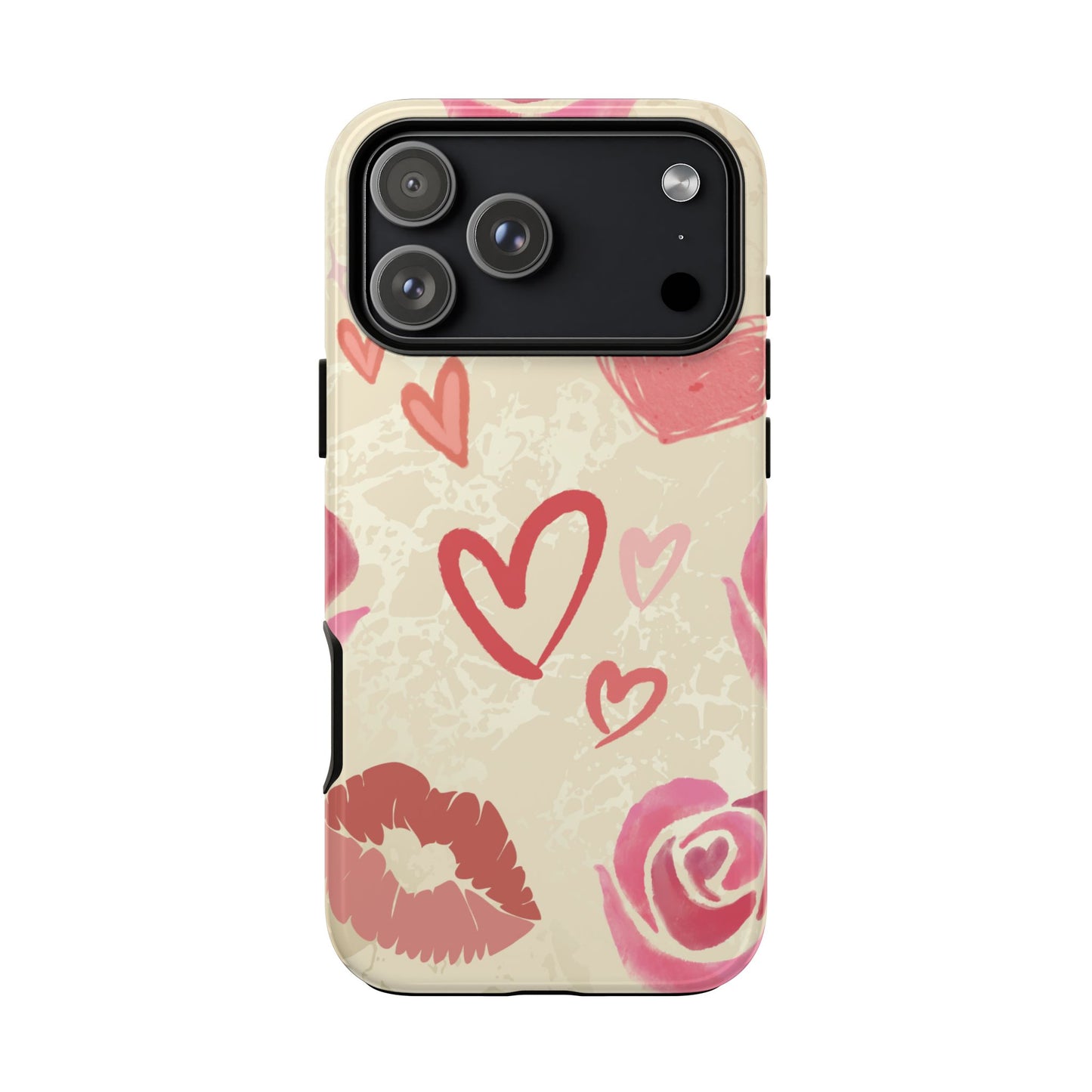iPhone 17 Pro Max / Glossy Phone Case - ’Pink Heart & Rose Pattern’ Phone Case
