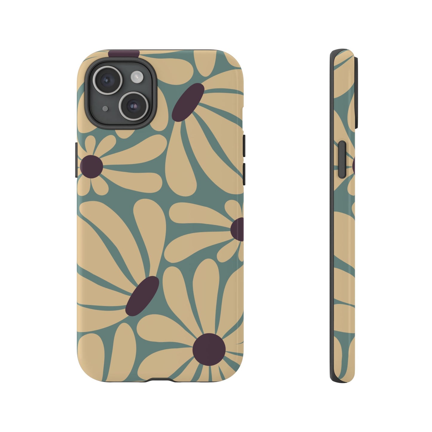 iPhone 15 Plus / Glossy Phone Case - ’Retro Cream & Blue Daisy Pattern’ Phone Case