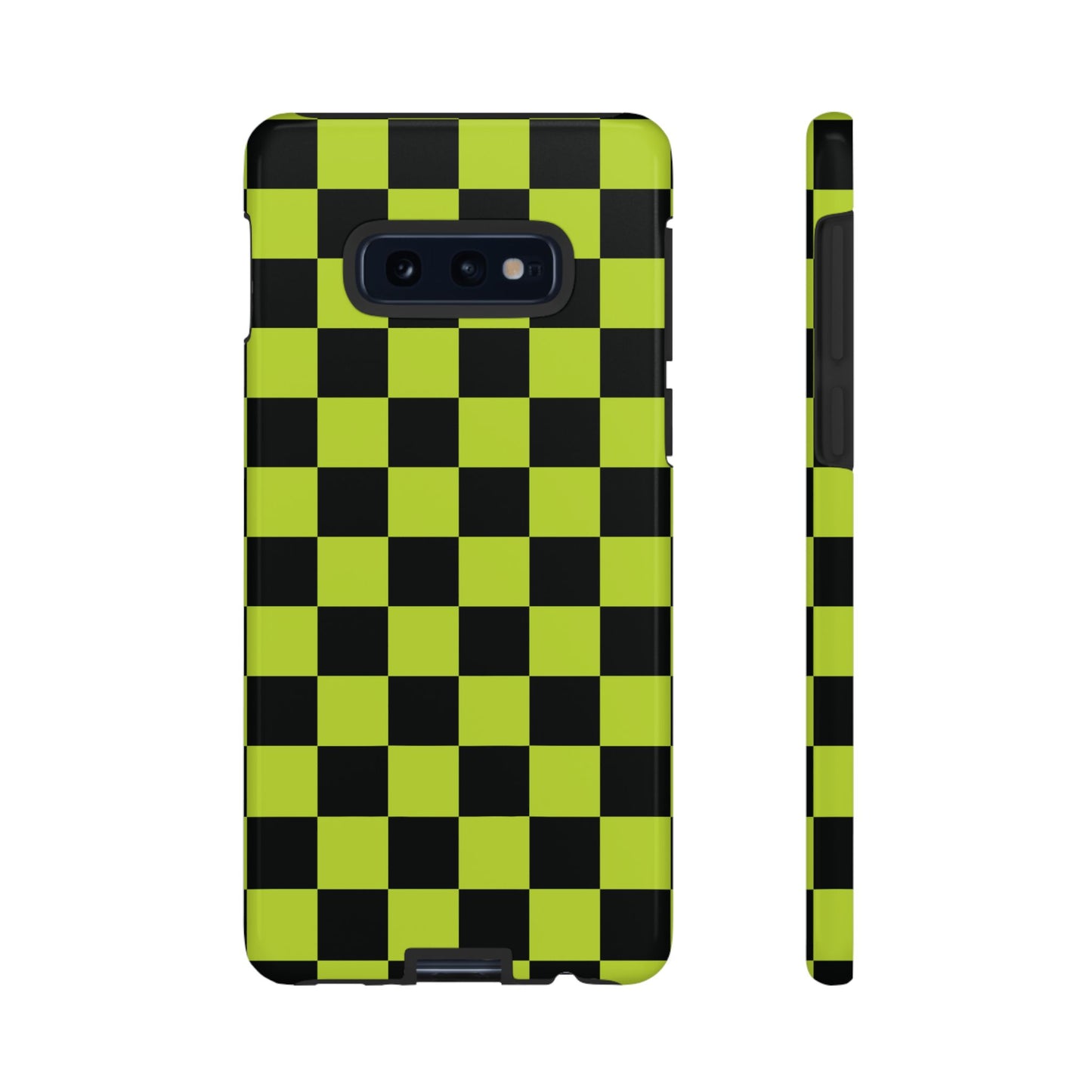 Samsung Galaxy S10E / Glossy Phone Case - Trendy Neon Lime Green & Black Checked Pattern Phone Case