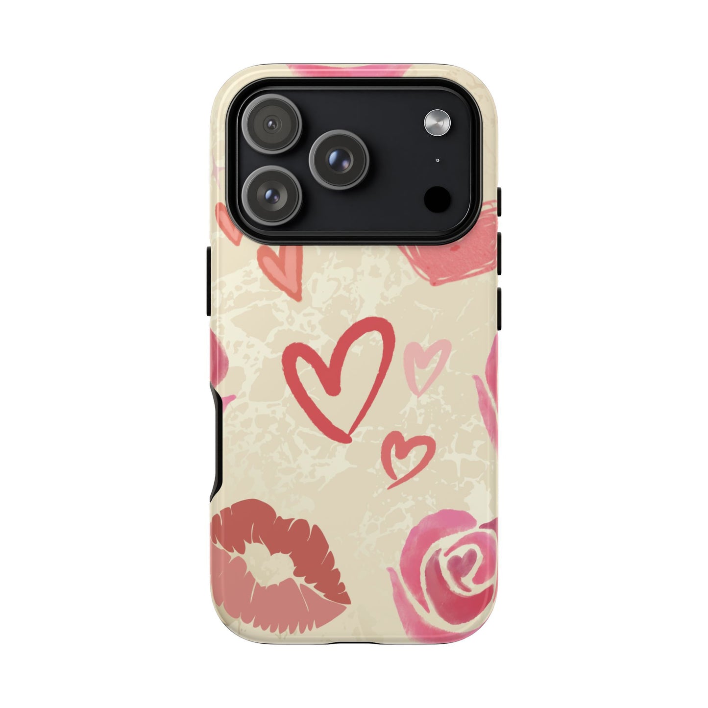 iPhone 17 Pro / Glossy Phone Case - ’Pink Heart & Rose Pattern’ Phone Case