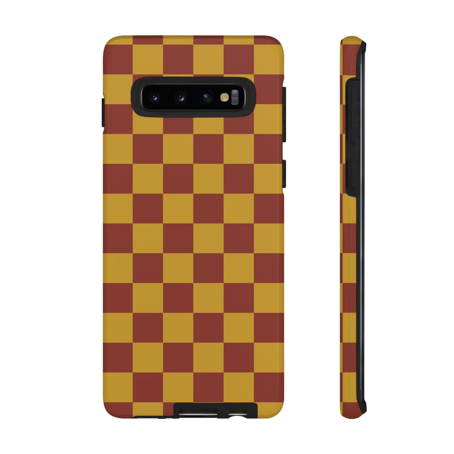 Samsung Galaxy S10 / Glossy Phone Case - Trendy Mustard & Burgandy Checked Pattern Phone Case