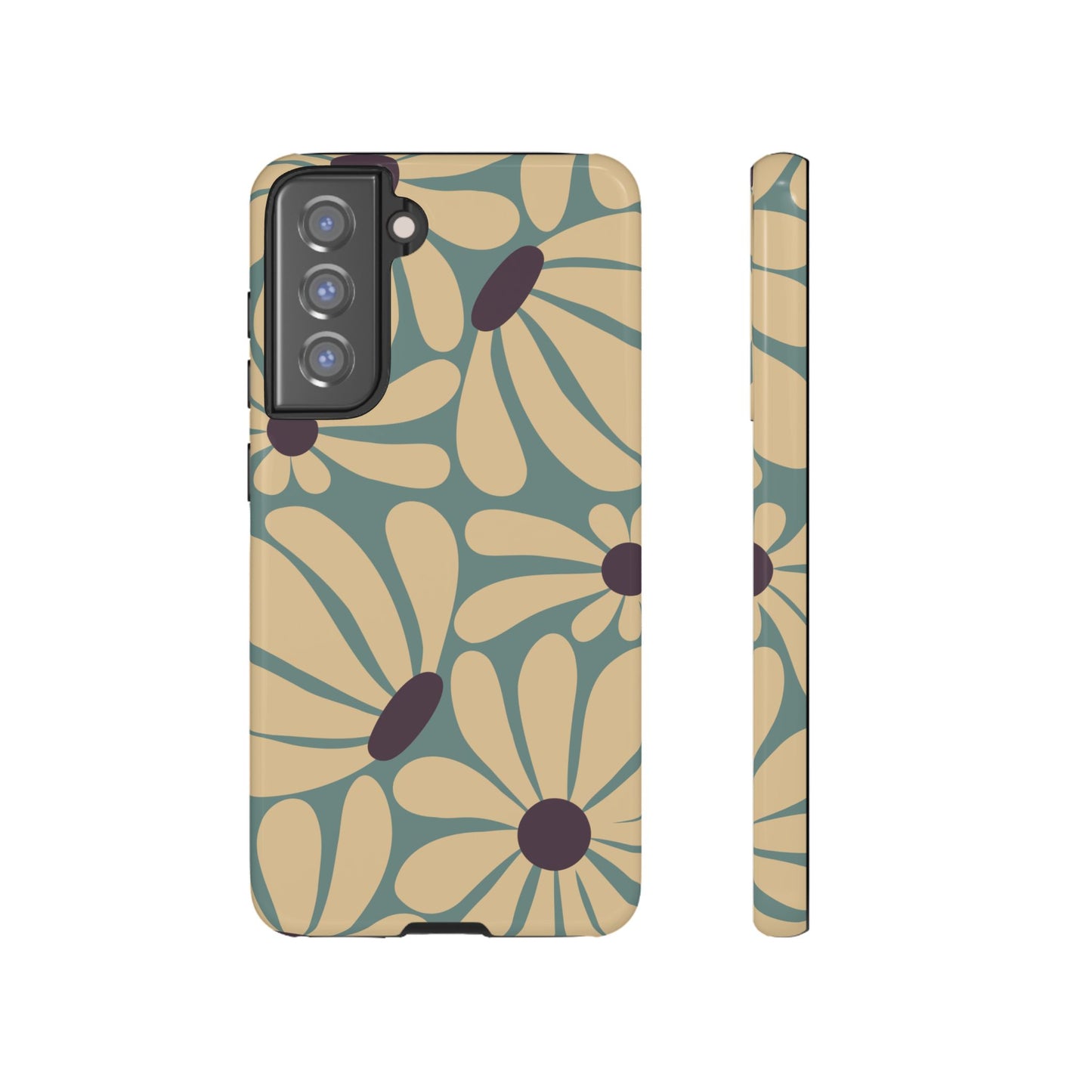 Samsung Galaxy S21 FE / Glossy Phone Case - ’Retro Cream & Blue Daisy Pattern’ Phone Case