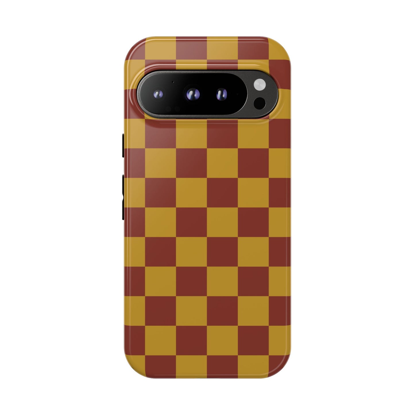 Google Pixel 9 Pro / Glossy Phone Case - Trendy Mustard & Burgandy Checked Pattern Phone Case